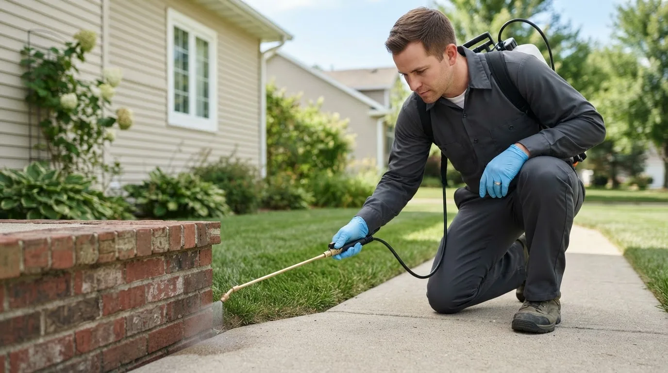 Pest control technician treating a home near Four Oaks, NC